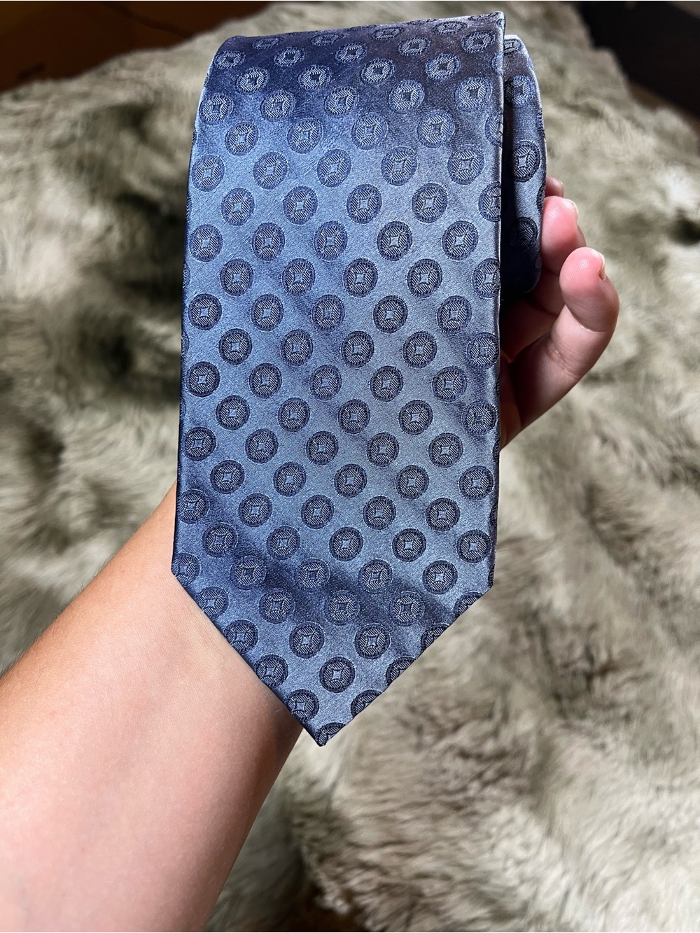 Calvin Klein Slate Blue Silk Tie with Tonal Medallion Pattern
